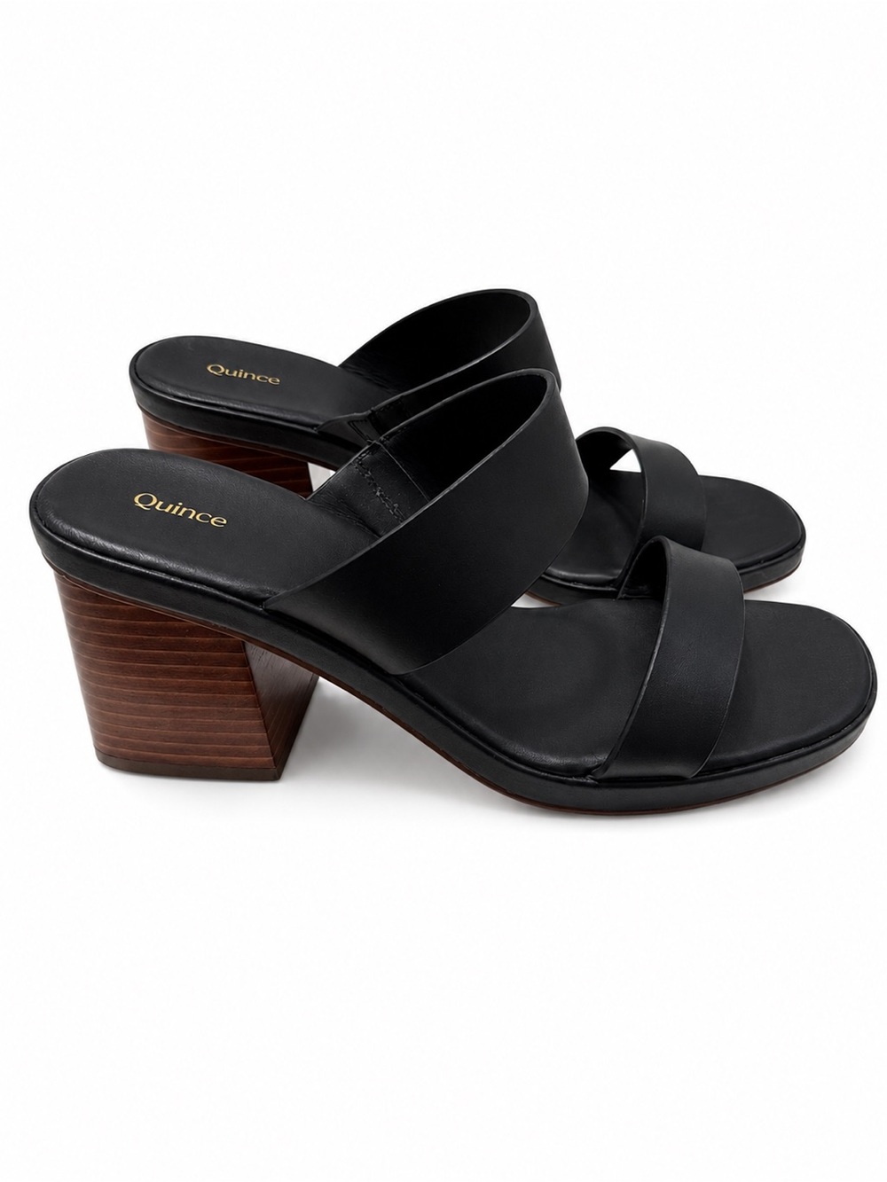 Quince Black Italian Leather Wood Block Mid Heel Sandal